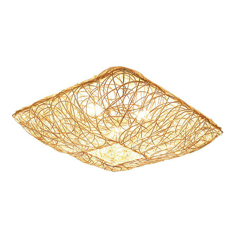 Japanese Square Flush Ceiling Light Rattan 3 Heads Bedroom Flush Mount Lighting in Wood Clearhalo 'Ceiling Lights' 'Close To Ceiling Lights' 'Close to ceiling' 'Flush mount' Lighting' 2248359