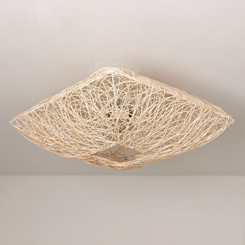 Japanese Square Flush Ceiling Light Rattan 3 Heads Bedroom Flush Mount Lighting in Wood Clearhalo 'Ceiling Lights' 'Close To Ceiling Lights' 'Close to ceiling' 'Flush mount' Lighting' 2248360