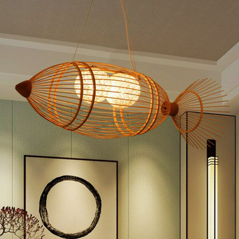 Wood Fish Chandelier Light Simplicity 2 Bulbs Bamboo Pendant Light Fixture for Restaurant Clearhalo 'Ceiling Lights' 'Chandeliers' Lighting' options 2248472