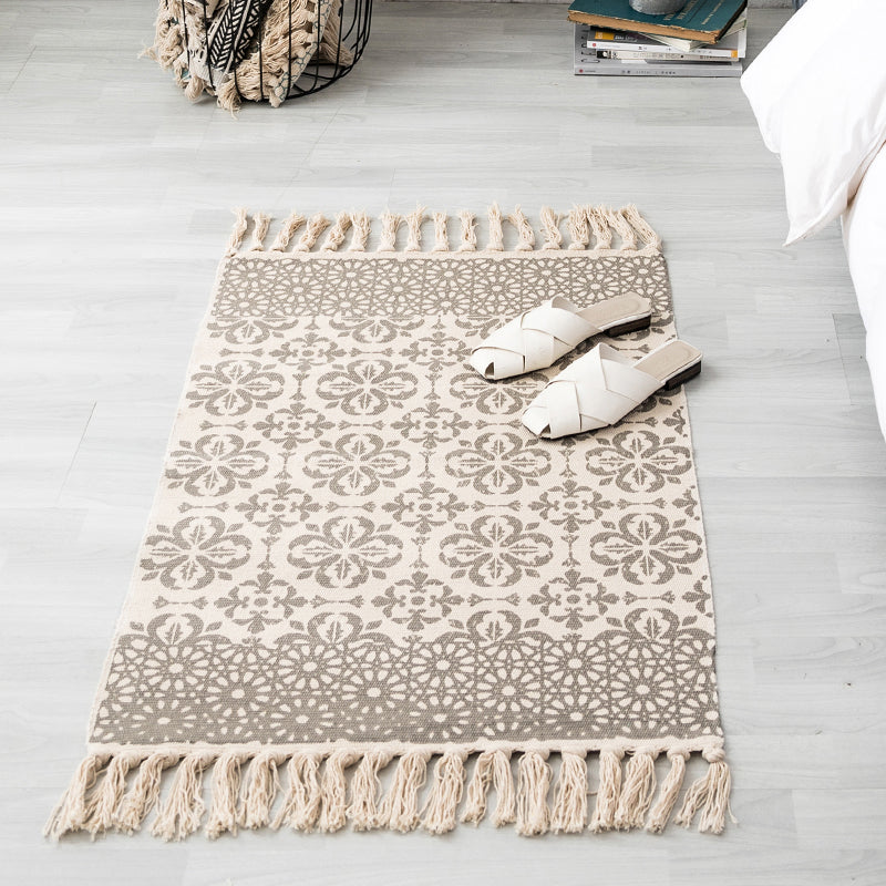 Ethnic Geometric Pattern Rug Multi-Color Cotton Blend Area Carpet Machine Washable Handwoven Rug with Tassel for Room Khaki 2' x 2'11