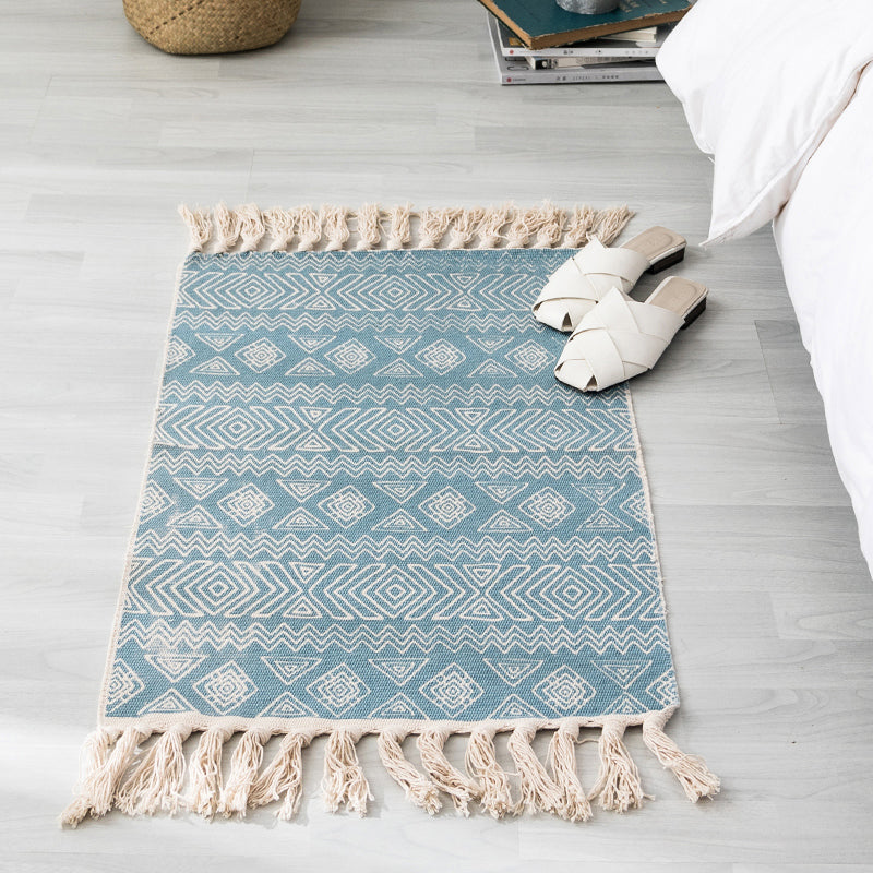 Ethnic Geometric Pattern Rug Multi-Color Cotton Blend Area Carpet Machine Washable Handwoven Rug with Tassel for Room Lake Blue 2' x 2'11