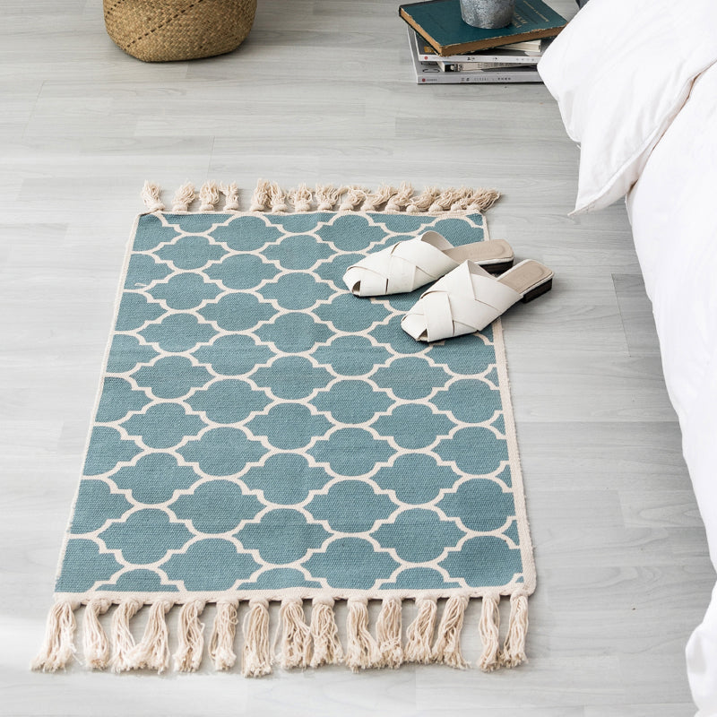 Ethnic Geometric Pattern Rug Multi-Color Cotton Blend Area Carpet Machine Washable Handwoven Rug with Tassel for Room Blue-Green 2' x 2'11