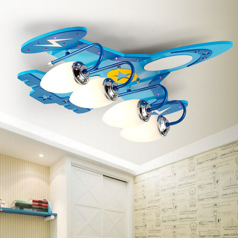 Aircraft Flush Ceiling Light Cartoon Wood Bedroom LED Flush Mount Lighting Fixture in Blue 4 Blue Clearhalo 'Ceiling Lights' 'Close To Ceiling Lights' 'Close to ceiling' 'Flush mount' Lighting' 2252978