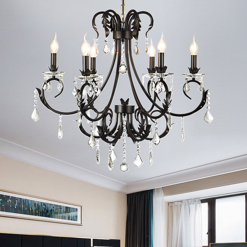 Traditional Black Candle Ceiling Pendant 6/8 Lights Metal Chandelier Lamp with Crystal Drops 6 Black Clearhalo 'Ceiling Lights' 'Chandeliers' 'Modern Chandeliers' 'Modern' Lighting' 225338