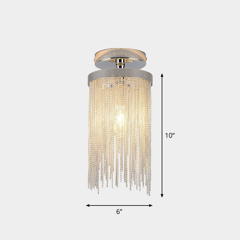 Modern Fringed Chainlet Semi Flush Mount Aluminum Single Corridor Flush Ceiling Light Fixture Chrome Clearhalo 'Ceiling Lights' 'Close To Ceiling Lights' 'Close to ceiling' 'Semi-flushmount' Lighting' 2253532