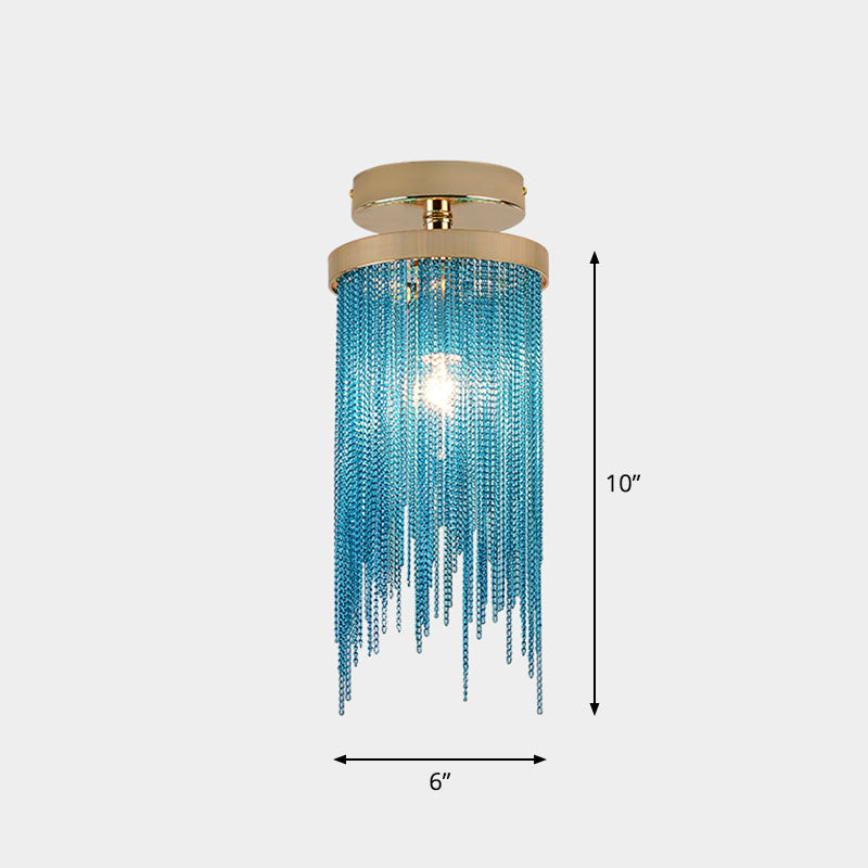 Modern Fringed Chainlet Semi Flush Mount Aluminum Single Corridor Flush Ceiling Light Fixture Blue Clearhalo 'Ceiling Lights' 'Close To Ceiling Lights' 'Close to ceiling' 'Semi-flushmount' Lighting' 2253534