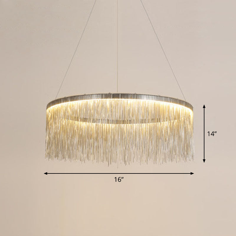 Fringed Round Living Room Ceiling Lighting Metal Post-Modern Hanging Pendant Light Silver 16