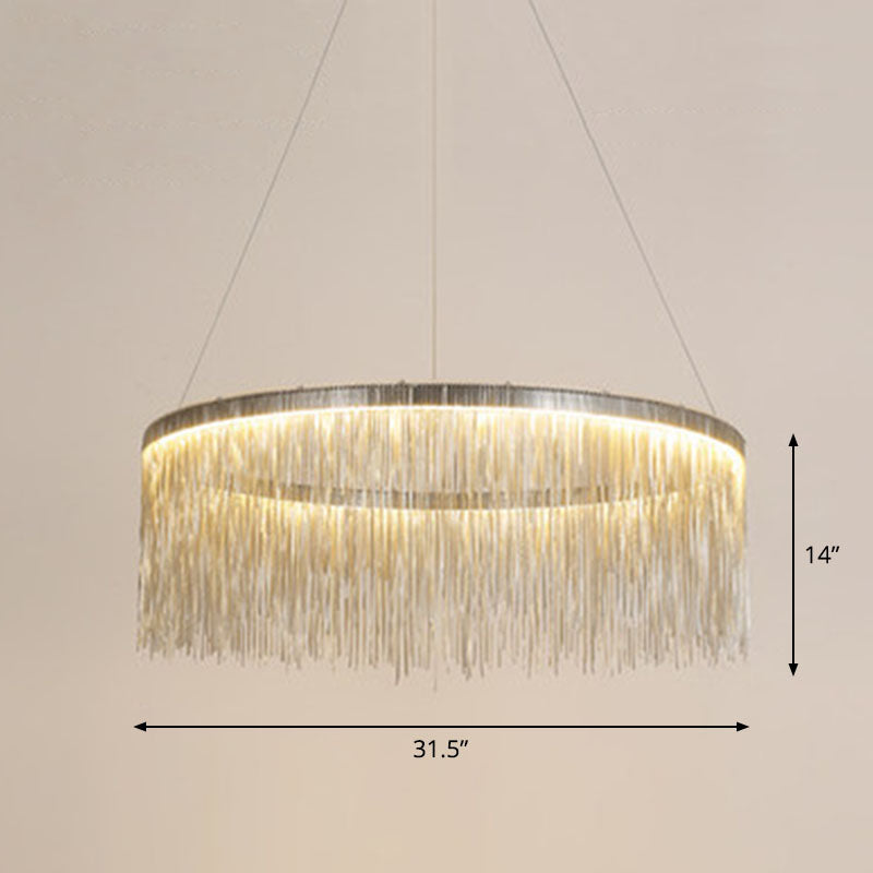 Fringed Round Living Room Ceiling Lighting Metal Post-Modern Hanging Pendant Light Silver 31.5