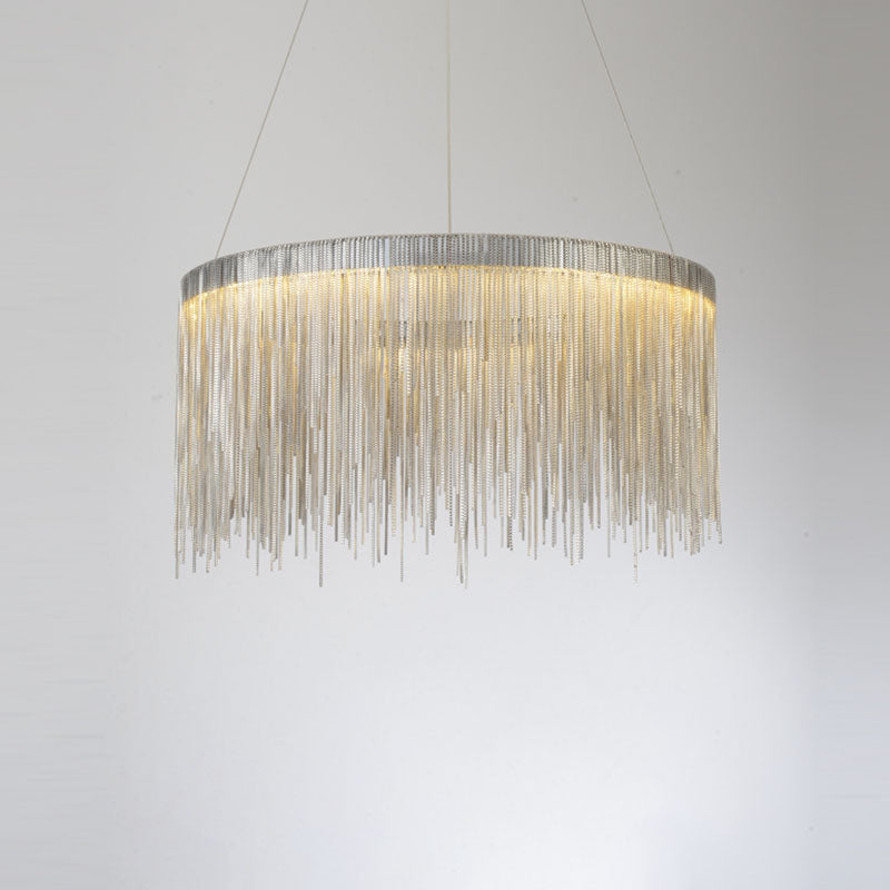 Metal Fringe Circular Pendant Light Postmodern Style Single Suspension Light Fixture for Living Room Silver 23.5