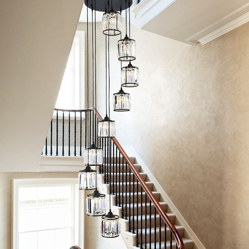 Modern Drum Multi Light Pendant Tri-Prism Crystal Staircase Hanging Lighting in Black 9 Black Clearhalo 'Ceiling Lights' 'Modern Pendants' 'Modern' 'Pendant Lights' 'Pendants' Lighting' 2253570