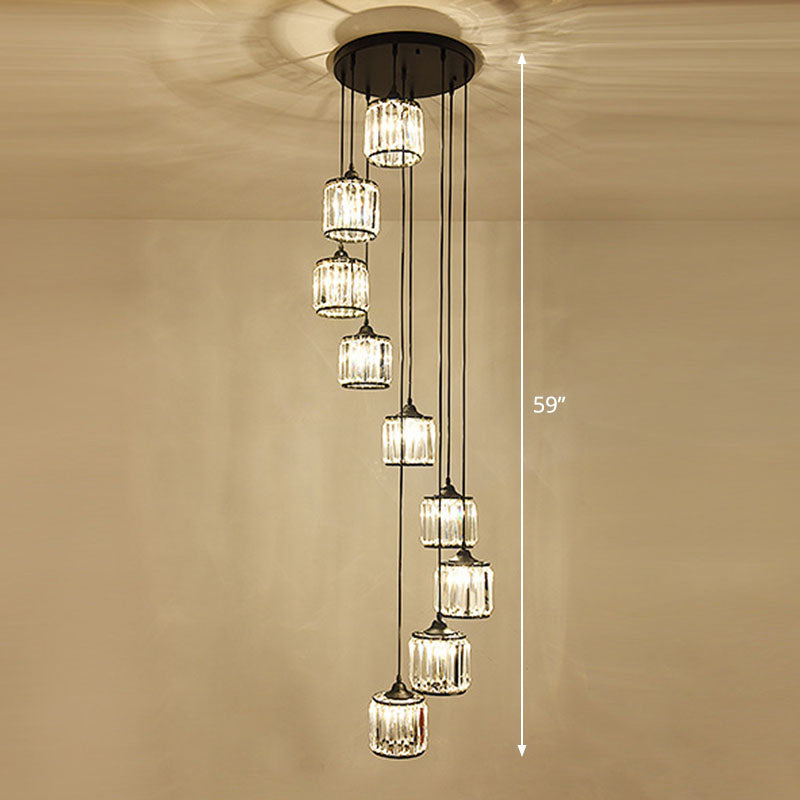 Modern Drum Multi Light Pendant Tri-Prism Crystal Staircase Hanging Lighting in Black Clearhalo 'Ceiling Lights' 'Modern Pendants' 'Modern' 'Pendant Lights' 'Pendants' Lighting' 2253572