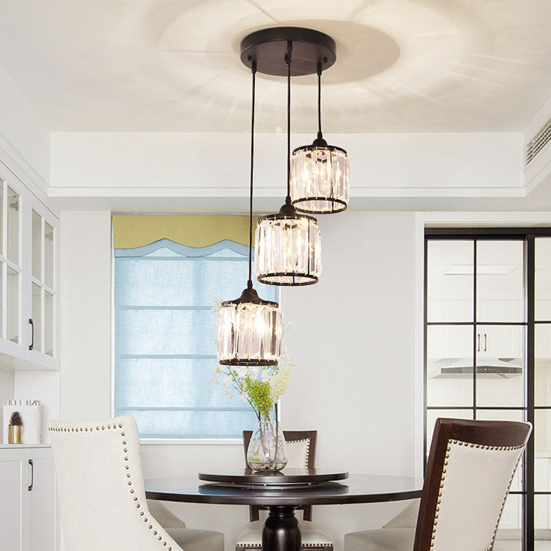 Modern Drum Multi Light Pendant Tri-Prism Crystal Staircase Hanging Lighting in Black 3 Black Clearhalo 'Ceiling Lights' 'Modern Pendants' 'Modern' 'Pendant Lights' 'Pendants' Lighting' 2253574