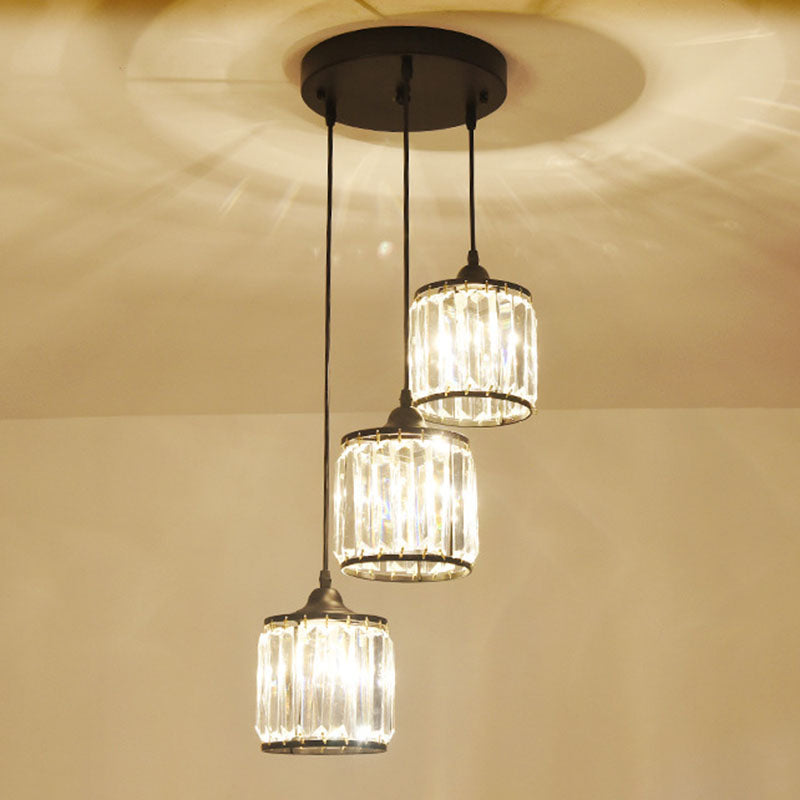 Modern Drum Multi Light Pendant Tri-Prism Crystal Staircase Hanging Lighting in Black Clearhalo 'Ceiling Lights' 'Modern Pendants' 'Modern' 'Pendant Lights' 'Pendants' Lighting' 2253575