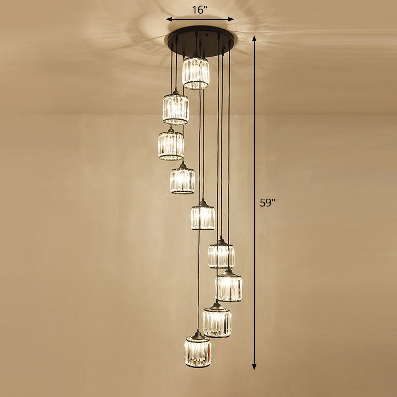 Modern Drum Multi Light Pendant Tri-Prism Crystal Staircase Hanging Lighting in Black Clearhalo 'Ceiling Lights' 'Modern Pendants' 'Modern' 'Pendant Lights' 'Pendants' Lighting' 2253576