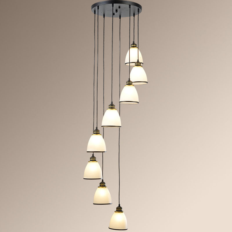 Spiral Bell Shade Staircase Hanging Light Cream Glass Simplicity Multi Light Pendant 8 Black Clearhalo 'Ceiling Lights' 'Modern Pendants' 'Modern' 'Pendant Lights' 'Pendants' Lighting' 2253604