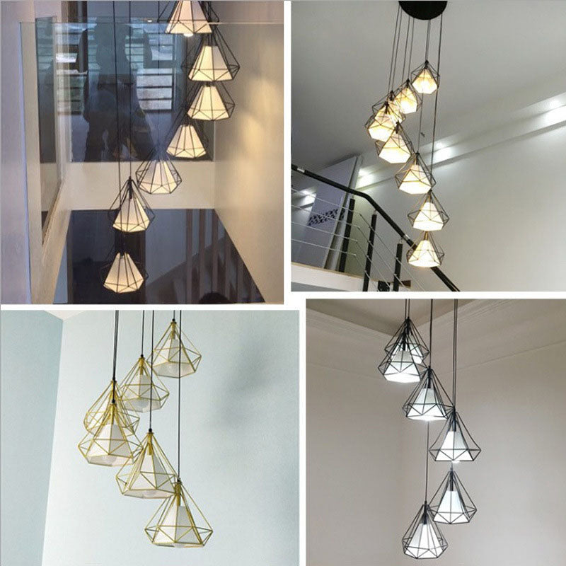 Spiral Diamond Cage Metallic Suspension Light Minimalist 6 Bulbs Black Multi Light Pendant for Stairwell Clearhalo 'Ceiling Lights' 'Modern Pendants' 'Modern' 'Pendant Lights' 'Pendants' Lighting' 2253616