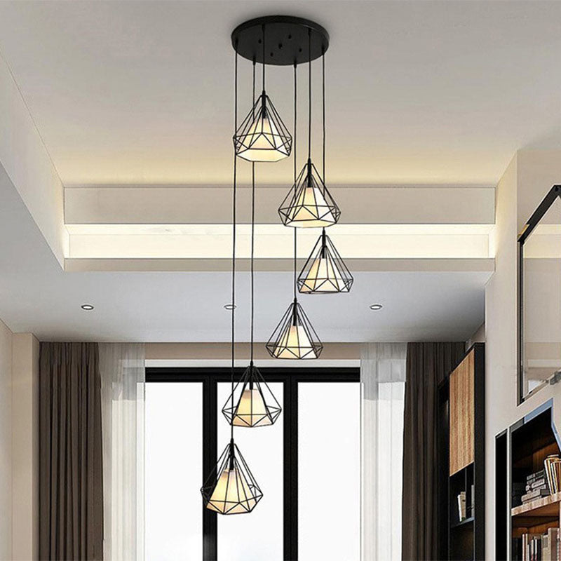 Spiral Diamond Cage Metallic Suspension Light Minimalist 6 Bulbs Black Multi Light Pendant for Stairwell Clearhalo 'Ceiling Lights' 'Modern Pendants' 'Modern' 'Pendant Lights' 'Pendants' Lighting' 2253618