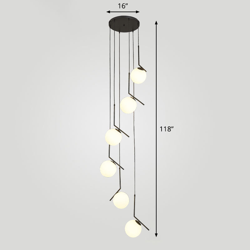 Spiral Globe Stairwell Hanging Lighting Opal Glass Simplicity Multi Light Pendant 6 Black Clearhalo 'Ceiling Lights' 'Modern Pendants' 'Modern' 'Pendant Lights' 'Pendants' Lighting' 2253635