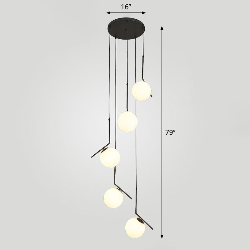 Spiral Globe Stairwell Hanging Lighting Opal Glass Simplicity Multi Light Pendant 5 Black Clearhalo 'Ceiling Lights' 'Modern Pendants' 'Modern' 'Pendant Lights' 'Pendants' Lighting' 2253638