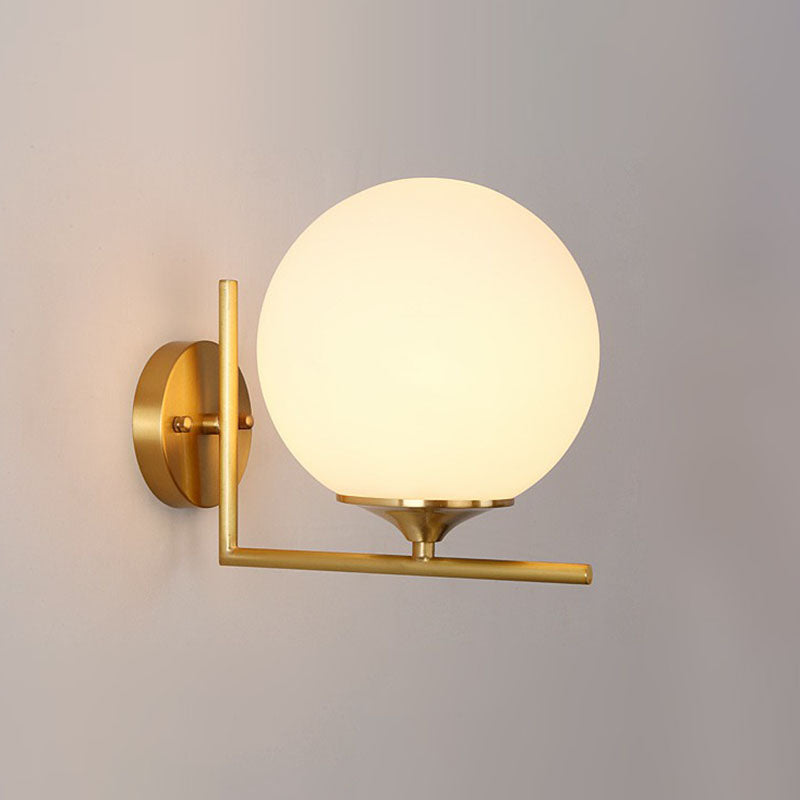 Sphere Bedside Wall Sconce Milk Glass 1-Light Minimalist Wall Mounted Light with Right Angle Arm in Gold Gold 8