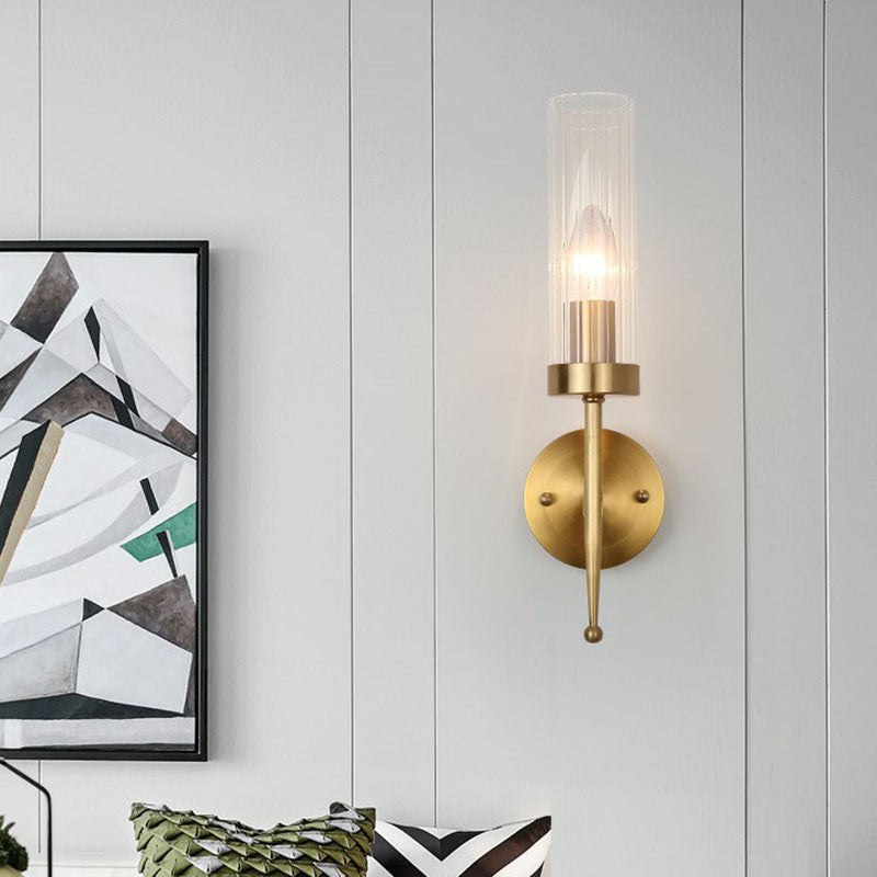 Fluted Glass Cylinder Wall Lamp Post-Modern 1 Head Gold Finish Sconce Light for Living Room Clearhalo 'Cast Iron' 'Glass' 'Industrial' 'Modern wall lights' 'Modern' 'Tiffany' 'Traditional wall lights' 'Wall Lamps & Sconces' 'Wall Lights' Lighting' 2254542