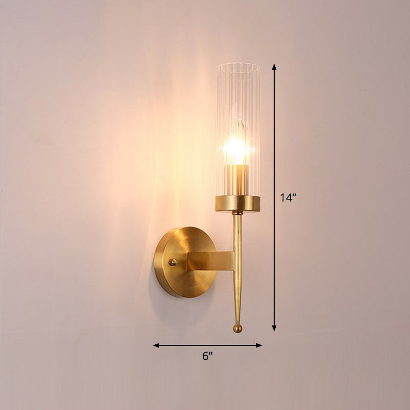 Fluted Glass Cylinder Wall Lamp Post-Modern 1 Head Gold Finish Sconce Light for Living Room Gold 2