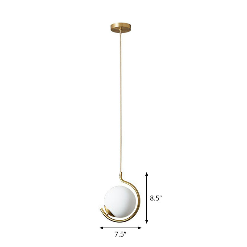 Novelty Simple Ball Pendant Light Cream Glass 1-Bulb Bedside Suspension Lighting in Gold Gold 7.5