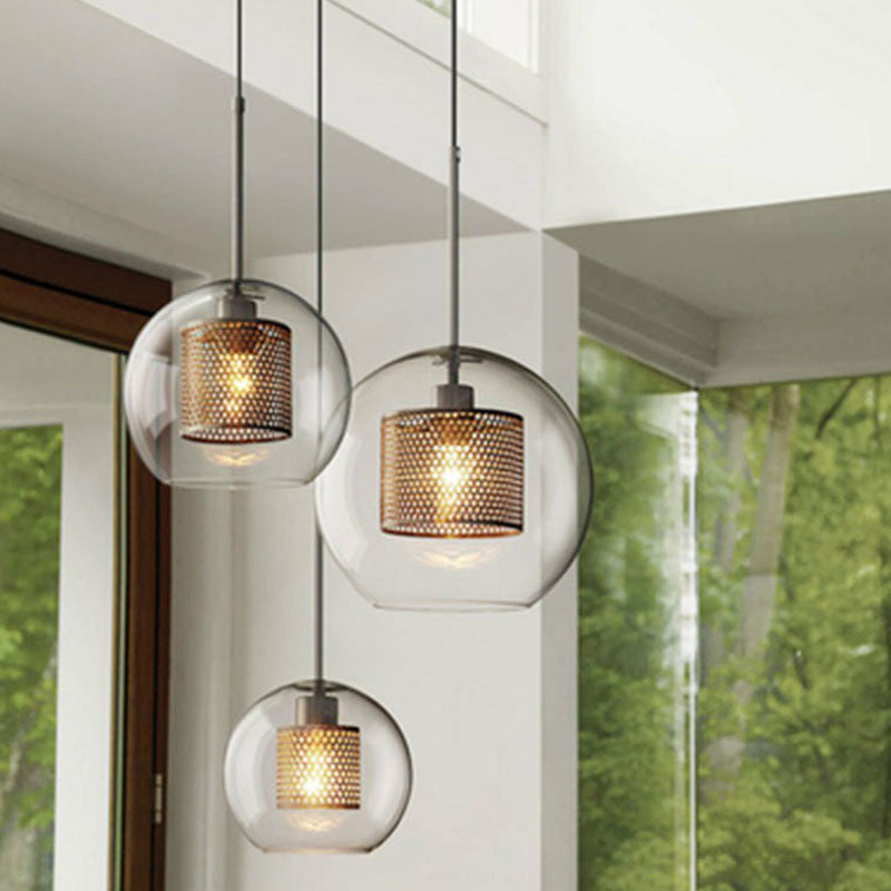 Clear Glass Sphere Suspension Lamp Modern 1 Bulb Hanging Pendant Light with Mesh Screen Clearhalo 'Ceiling Lights' 'Modern Pendants' 'Modern' 'Pendant Lights' 'Pendants' Lighting' 2254966