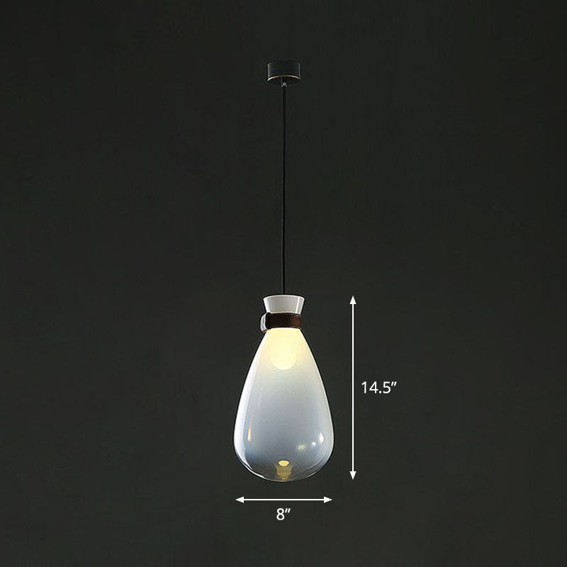 Raindrop Glass Hanging Light Minimalist 1-Light Suspended Lighting Fixture with Leather Strap White 8