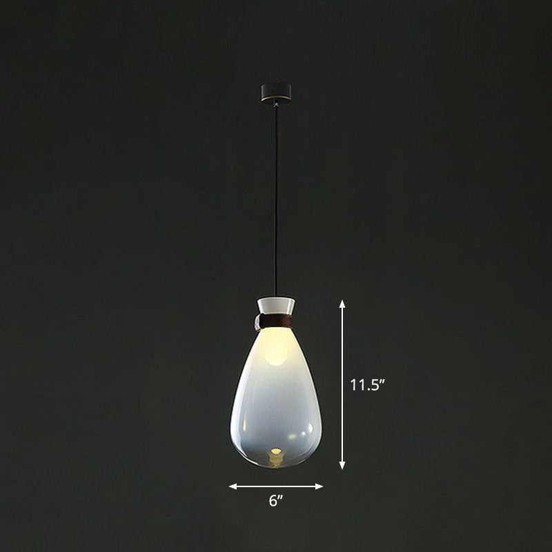 Raindrop Glass Hanging Light Minimalist 1-Light Suspended Lighting Fixture with Leather Strap White 6