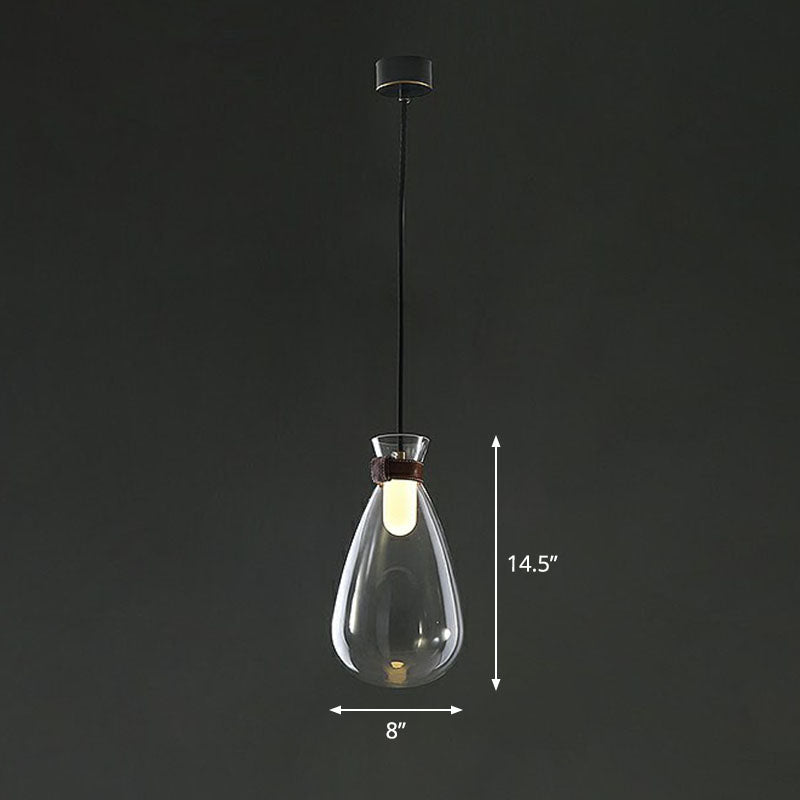 Raindrop Glass Hanging Light Minimalist 1-Light Suspended Lighting Fixture with Leather Strap Clear 8