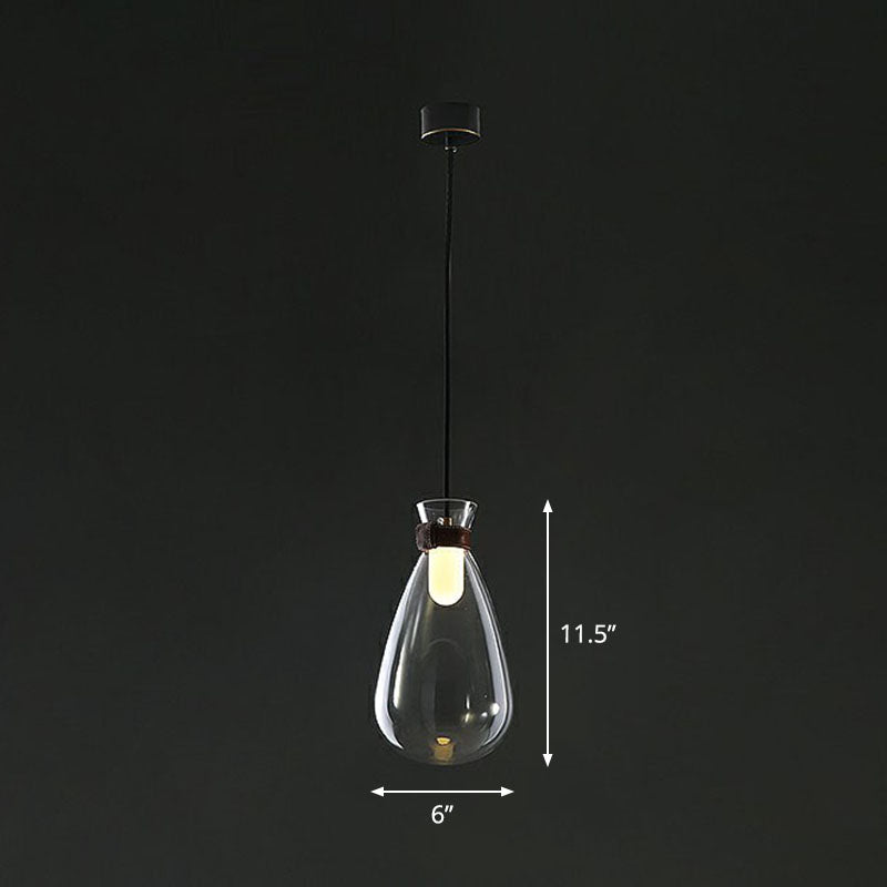 Raindrop Glass Hanging Light Minimalist 1-Light Suspended Lighting Fixture with Leather Strap Clear 6