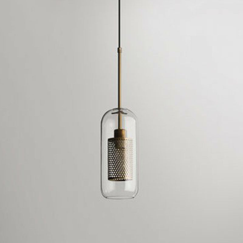 Geometric Clear Glass Pendulum Light Postmodern 1-Light Pendant Lamp with Mesh Guard Clear Cylinder Clearhalo 'Ceiling Lights' 'Modern Pendants' 'Modern' 'Pendant Lights' 'Pendants' Lighting' 2255083