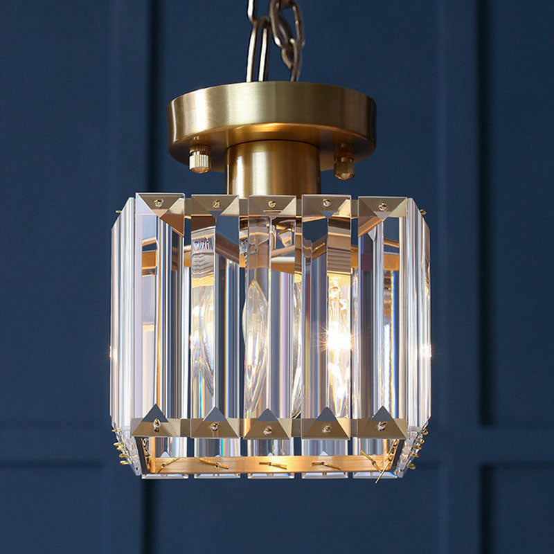 Small Crystal Prism Semi Flush Mount Light Simple Style 1 Head Golden Ceiling Lighting for Foyer Gold Clearhalo 'Ceiling Lights' 'Close To Ceiling Lights' 'Close to ceiling' 'Semi-flushmount' Lighting' 2255396