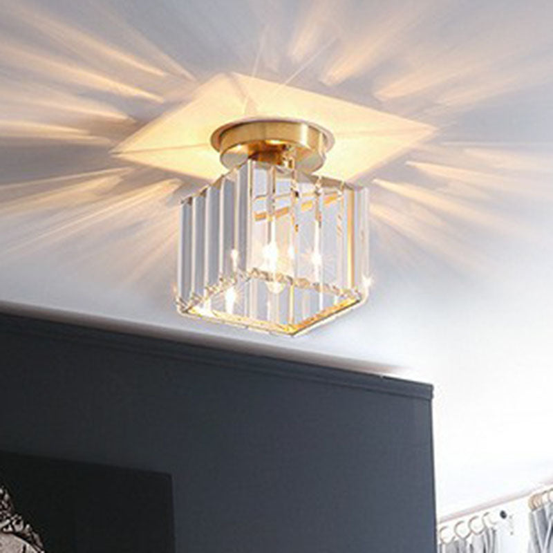 Small Crystal Prism Semi Flush Mount Light Simple Style 1 Head Golden Ceiling Lighting for Foyer Clearhalo 'Ceiling Lights' 'Close To Ceiling Lights' 'Close to ceiling' 'Semi-flushmount' Lighting' 2255397