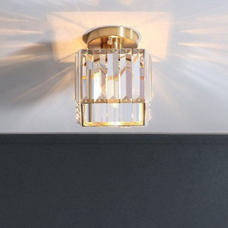 Small Crystal Prism Semi Flush Mount Light Simple Style 1 Head Golden Ceiling Lighting for Foyer Clearhalo 'Ceiling Lights' 'Close To Ceiling Lights' 'Close to ceiling' 'Semi-flushmount' Lighting' 2255399