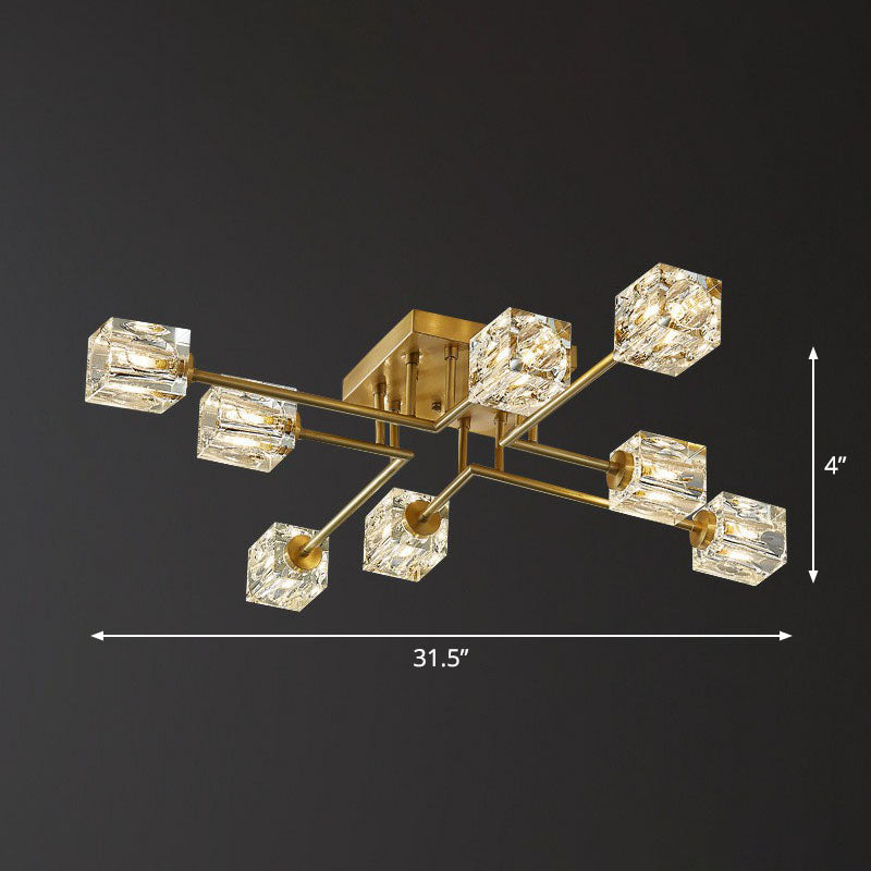 Crystal Cube Close to Ceiling Light Post-Modern Gold Finish Semi Flush Mount Light Fixture 8 Gold Clearhalo 'Ceiling Lights' 'Close To Ceiling Lights' 'Close to ceiling' 'Semi-flushmount' Lighting' 2255471