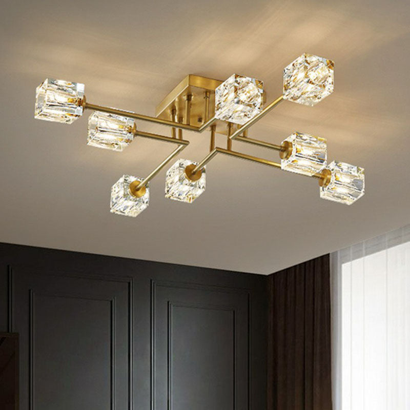 Crystal Cube Close to Ceiling Light Post-Modern Gold Finish Semi Flush Mount Light Fixture Clearhalo 'Ceiling Lights' 'Close To Ceiling Lights' 'Close to ceiling' 'Semi-flushmount' Lighting' 2255473