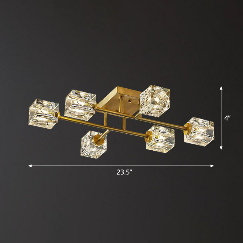 Crystal Cube Close to Ceiling Light Post-Modern Gold Finish Semi Flush Mount Light Fixture 6 Gold Clearhalo 'Ceiling Lights' 'Close To Ceiling Lights' 'Close to ceiling' 'Semi-flushmount' Lighting' 2255474