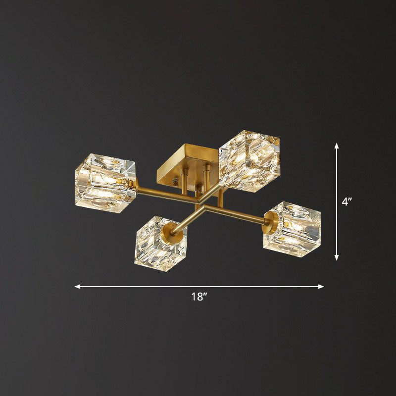 Crystal Cube Close to Ceiling Light Post-Modern Gold Finish Semi Flush Mount Light Fixture 4 Gold Clearhalo 'Ceiling Lights' 'Close To Ceiling Lights' 'Close to ceiling' 'Semi-flushmount' Lighting' 2255476