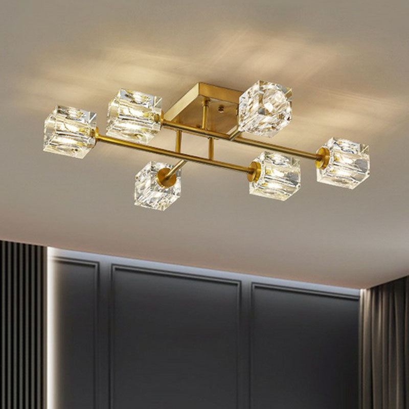 Crystal Cube Close to Ceiling Light Post-Modern Gold Finish Semi Flush Mount Light Fixture Clearhalo 'Ceiling Lights' 'Close To Ceiling Lights' 'Close to ceiling' 'Semi-flushmount' Lighting' 2255478