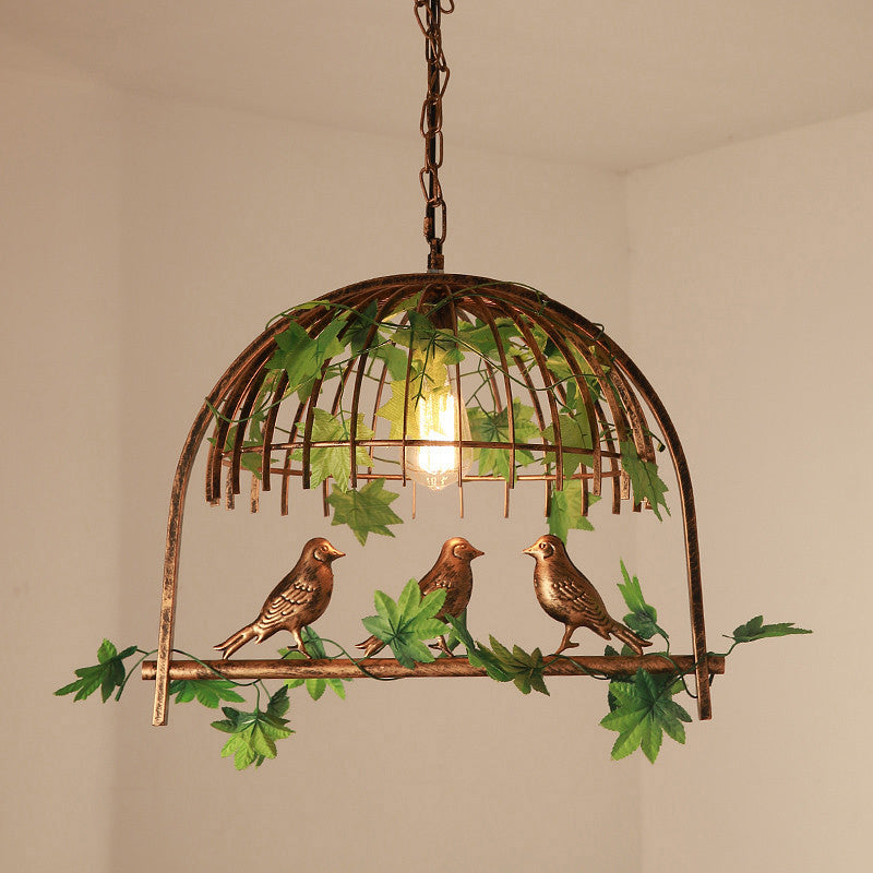 Industrial Bird Cage Pendant Light Iron Hanging Island Light with Ivy Decor in Rust for Restaurant Rust 19.5