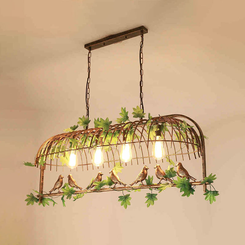 Industrial Bird Cage Pendant Light Iron Hanging Island Light with Ivy Decor in Rust for Restaurant Rust 41