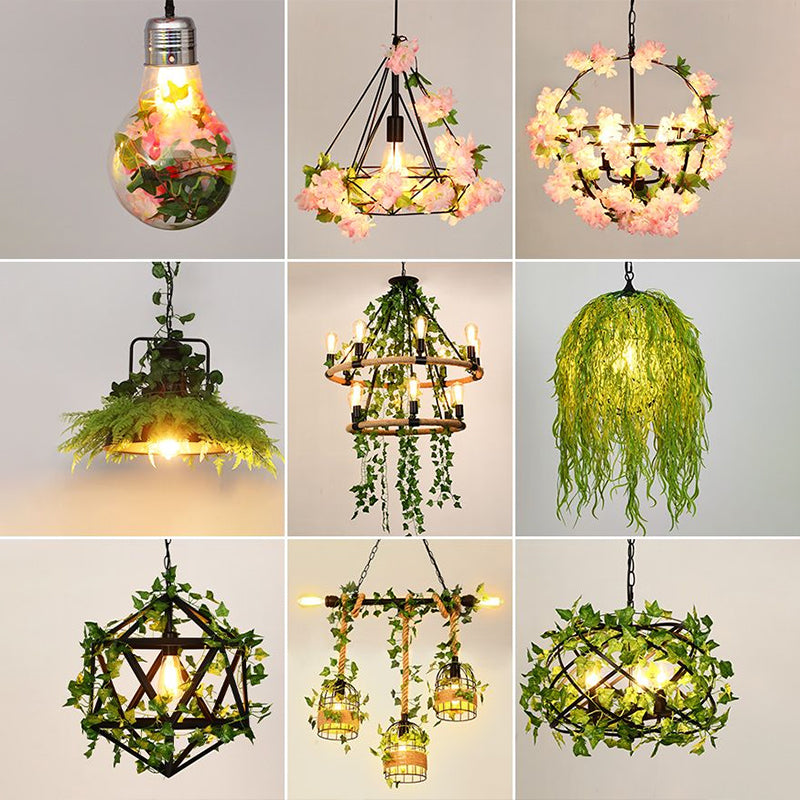 Metal Bird Nest Hanging Light Rustic 4 Bulbs Restaurant Pendant Light with Ivy Decor in Green Clearhalo 'Art Deco Pendants' 'Cast Iron' 'Ceiling Lights' 'Ceramic' 'Crystal' 'Industrial Pendants' 'Industrial' 'Metal' 'Middle Century Pendants' 'Pendant Lights' 'Pendants' 'Tiffany' Lighting' 2255520