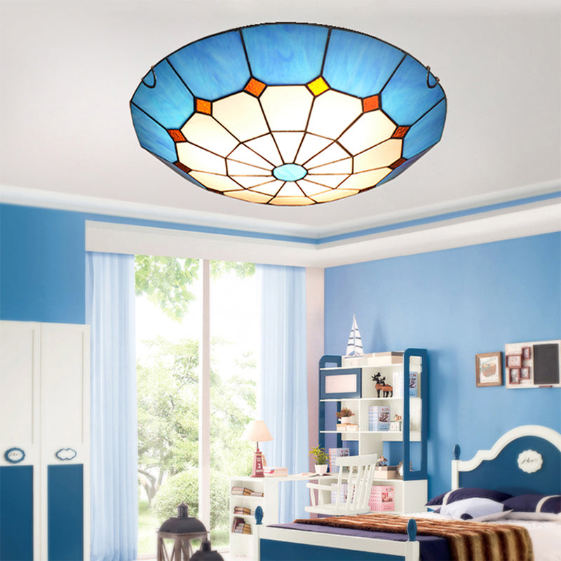 Bowl Flush Mount Lighting Mediterranean Gridded Glass Blue Ceiling Light Flush Mount Clearhalo 'Ceiling Lights' 'Close To Ceiling Lights' 'Close to ceiling' 'Flush mount' Lighting' 2255599