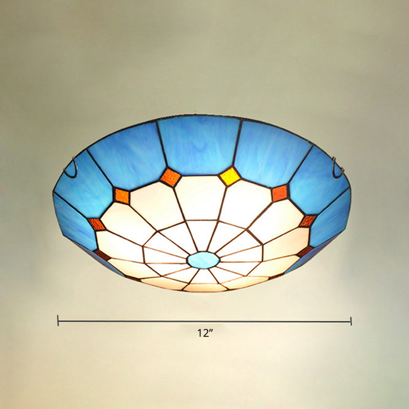 Bowl Flush Mount Lighting Mediterranean Gridded Glass Blue Ceiling Light Flush Mount Blue 12