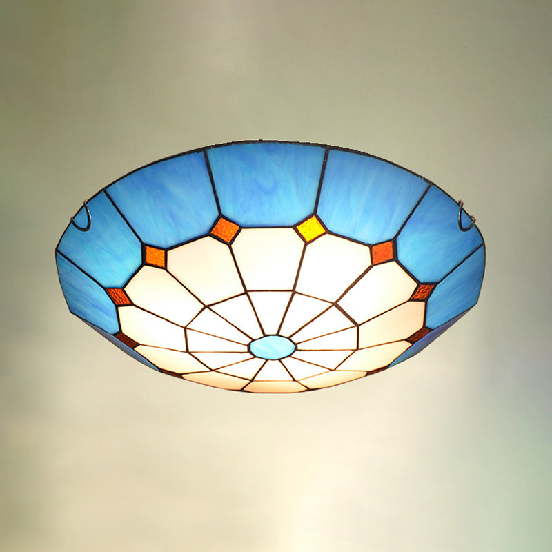 Bowl Flush Mount Lighting Mediterranean Gridded Glass Blue Ceiling Light Flush Mount Clearhalo 'Ceiling Lights' 'Close To Ceiling Lights' 'Close to ceiling' 'Flush mount' Lighting' 2255601