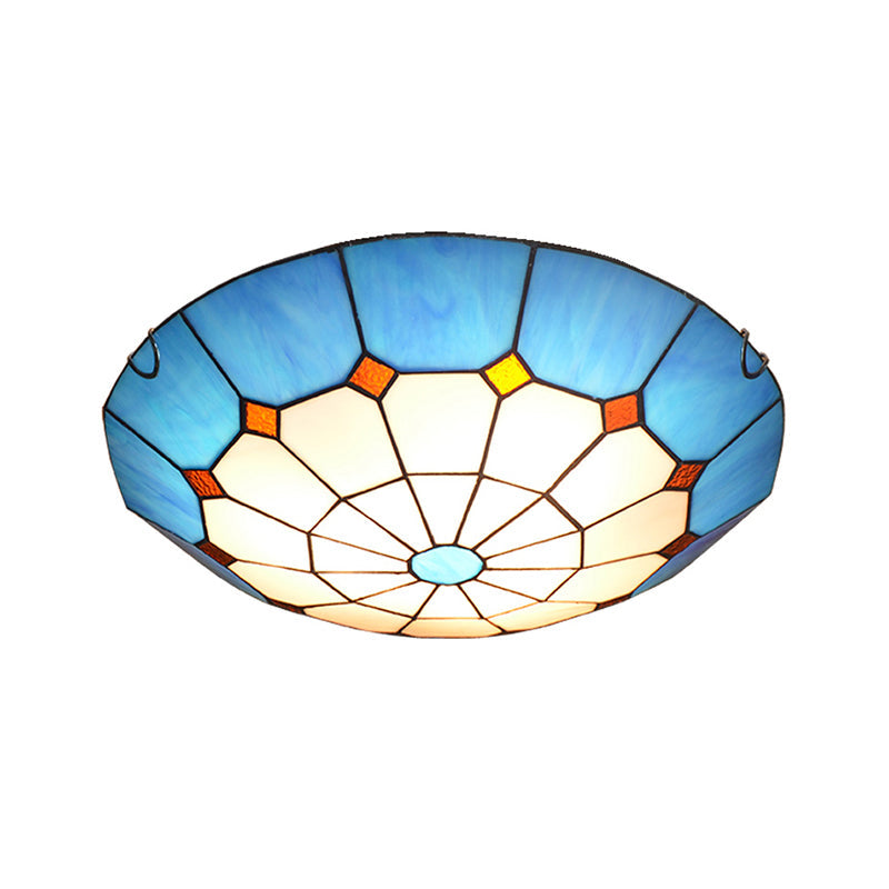 Bowl Flush Mount Lighting Mediterranean Gridded Glass Blue Ceiling Light Flush Mount Clearhalo 'Ceiling Lights' 'Close To Ceiling Lights' 'Close to ceiling' 'Flush mount' Lighting' 2255602