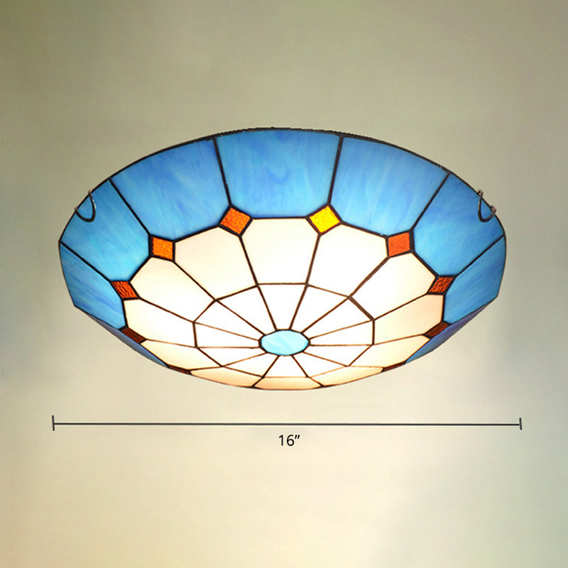 Bowl Flush Mount Lighting Mediterranean Gridded Glass Blue Ceiling Light Flush Mount Blue 16