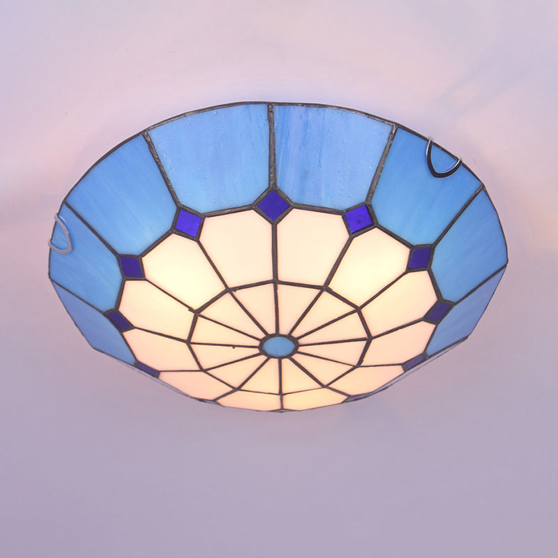 Tiffany Dome Shade Flush Mount Lighting Gridded Glass LED Flush Mount Fixture for Bedroom Blue 12